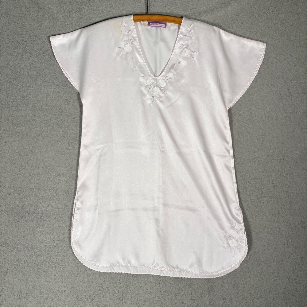 VNTG Beth Michaels Nightgown Womens Size L Pink Satin Embroidered Sleep Shirt